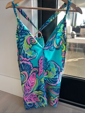 Lilly Pulitzer Teal top with Pink & Lime Tropical Print SILK
